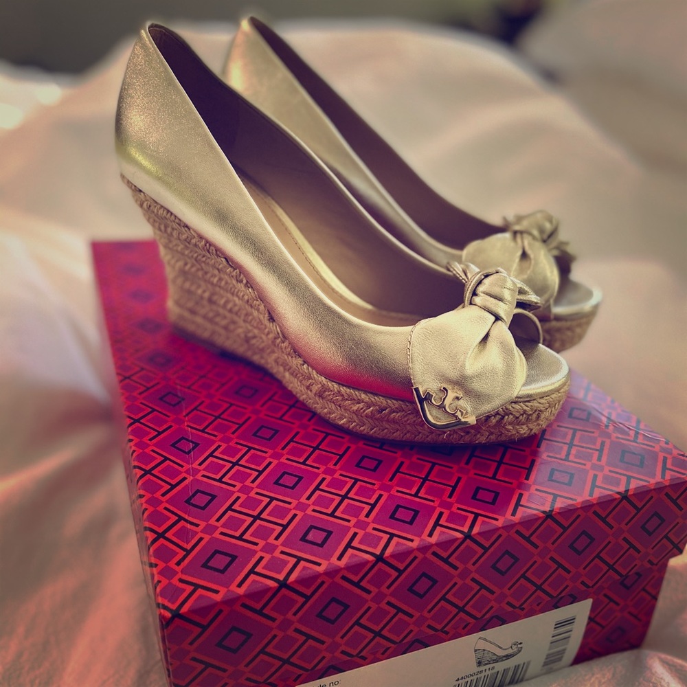 Tory Burch gold wedge espadrille